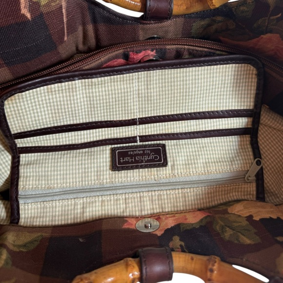 Cynthia Hart Los Angeles Floral Plaid Tote Bag Purse Bamboo Handles Gold Brown - Picture 13 of 14
